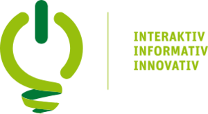 Symbol ähnlich einer Glühbirne in hellgrün mit Texts rechts daneben "Interaktiv, Informativ, Innovativ"